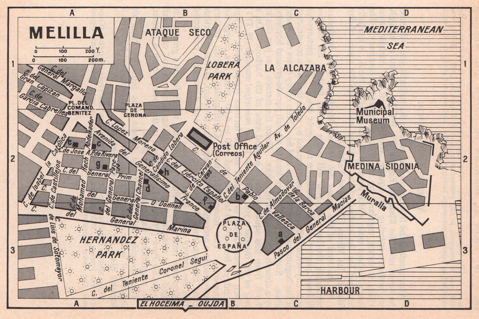 Melilla vintage town city tourist plan. Spain / Morocco 1966 old vintage map